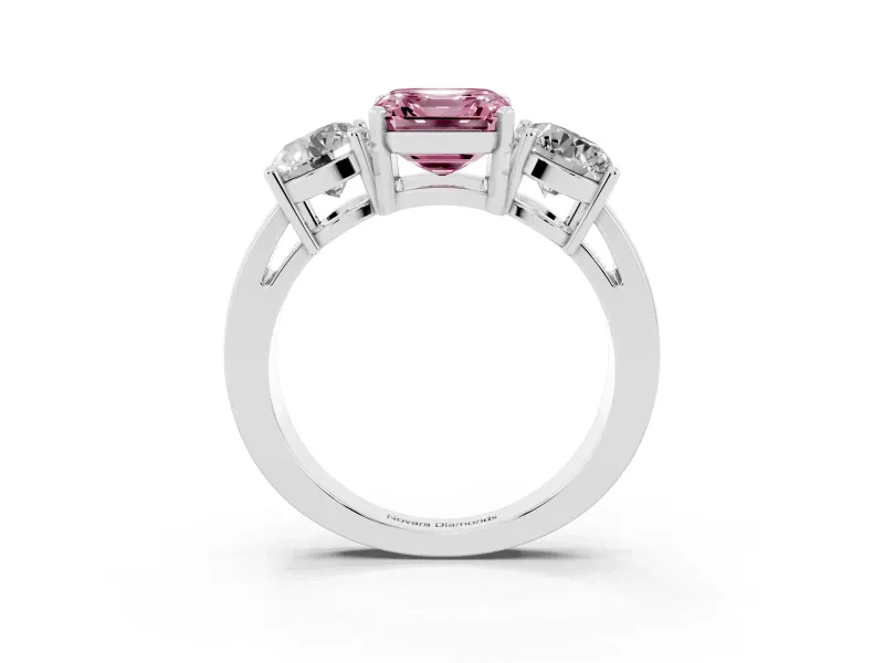 Asscher Cut Three Stone Engagement Ring Setting for a Fancy Pink Lab-Grown Diamond | Wide Plain Band | Platinum