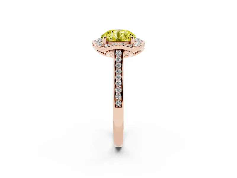 Round Halo Engagement Ring Setting for a Fancy Yellow Lab-Grown Diamond | Petal Tips | Rose Gold