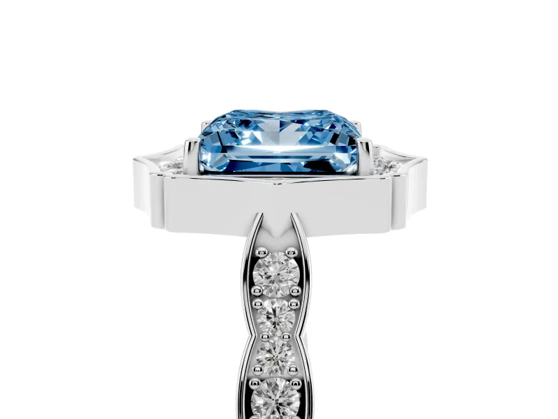 Princess Cut Vintage Scalloped Halo Engagement Ring Setting for a Fancy Blue Lab-Grown Diamond | Pave Band | White Gold