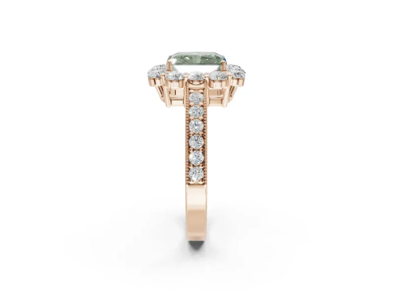 Radiant Cut Vintage Halo Engagement Ring Setting for a Fancy Green Lab-Grown Diamond | Milgrain Channel Band | Rose Gold