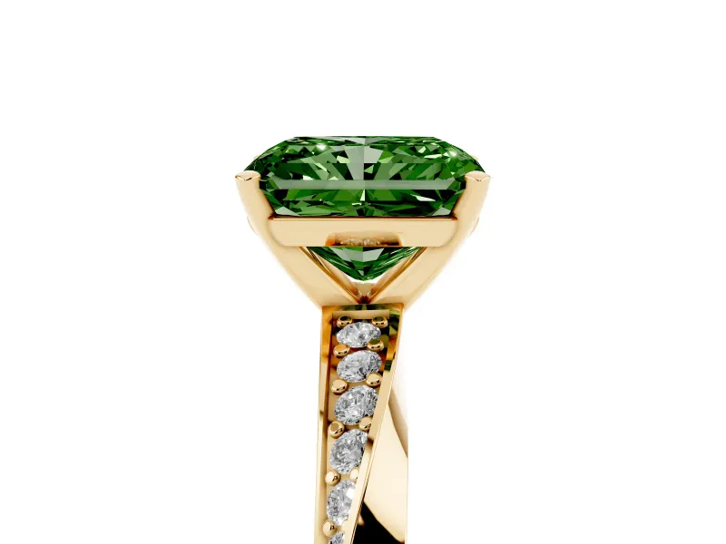 Fancy Green Radiant Cut Diamond Engagement Ring Set in Yellow gold with Side Stone Accents and Prong Setting