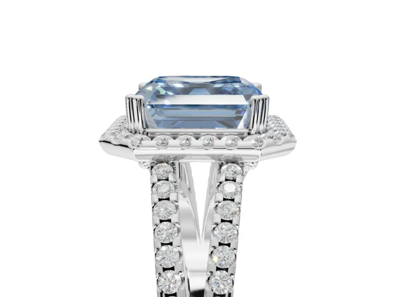 Asscher Cut Halo Split Shank Engagement Ring Setting for a Fancy Blue Lab-Grown Diamond | Pavé Shoulders | Platinum