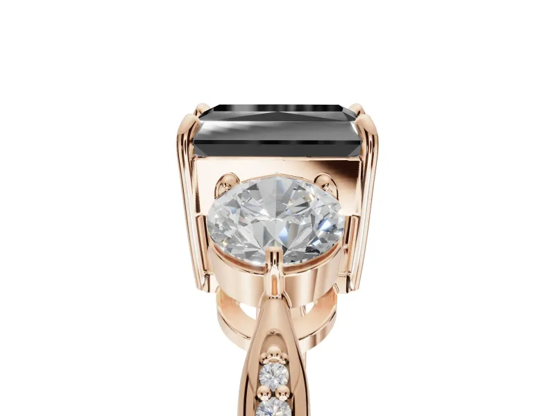 Radiant Cut Three Stone Engagement Ring Setting for a Black Center | Tapered Pavé Band | Rose Gold