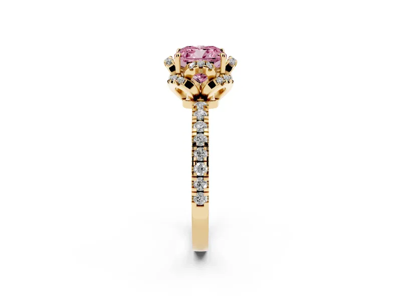 Fancy Pink Cushion Cut Diamond Halo Pavé Band Ring Set in Yellow gold with Prong-Held Center