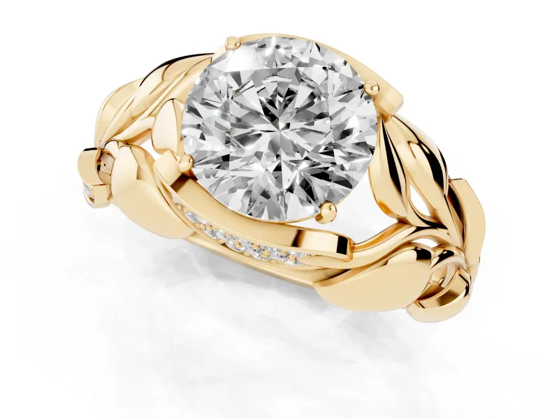 Round Cut Diamond Leaf-Inspired Engagement Ring Set in Yellow gold with Round Accents