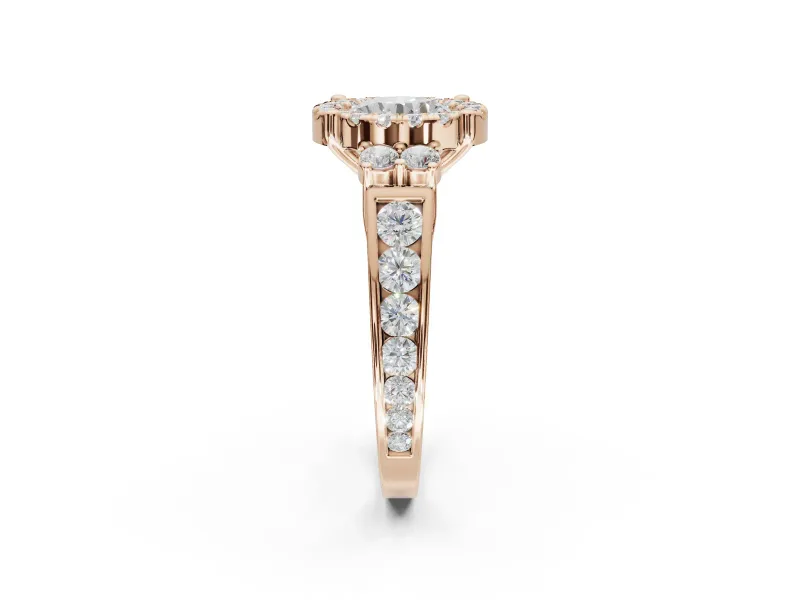 Round Halo Side Cluster Engagement Ring Setting | Graduated Channel Band | Rose Gold