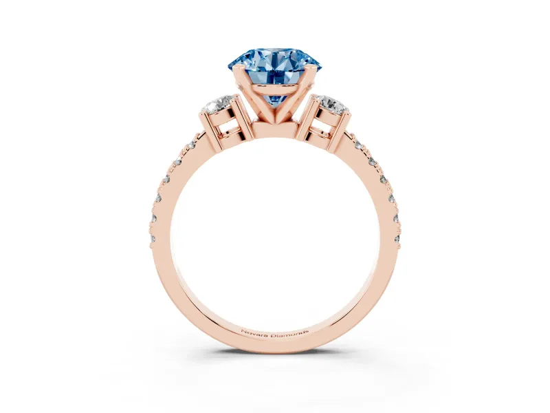 Fancy Blue Three-Stone Round Cut Diamond Pavé Band Ring Set in Rose gold with Prong Setting