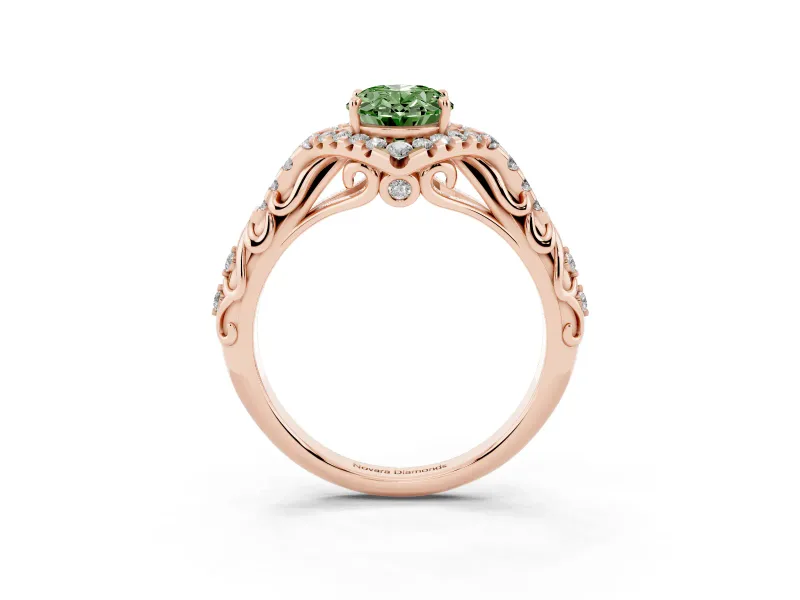 Oval Hidden Halo Filigree Engagement Ring Setting for a Fancy Green Lab-Grown Diamond | Rose Gold