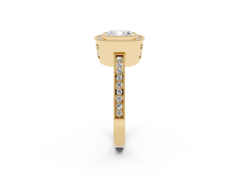Cushion Cut Diamond Halo Ring Set in Yellow gold with Pavé Band and Milgrain-Edged Prongs