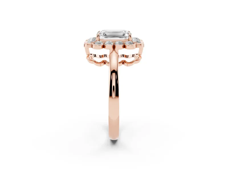Emerald Cut Scalloped Cluster Halo Engagement Ring Setting | Plain Band | Rose Gold