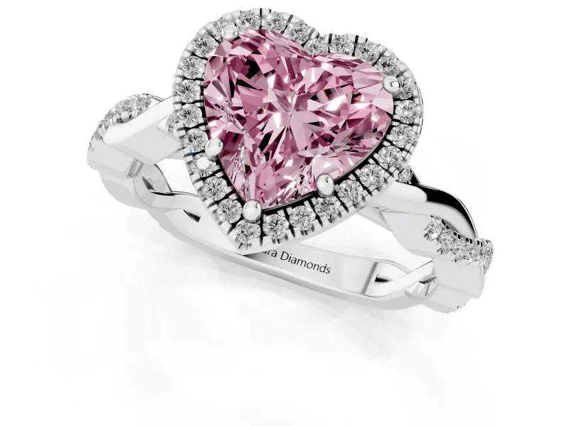 Fancy Pink Heart Cut Diamond Halo Twisted Band Ring Set in Silver with Prong Setting