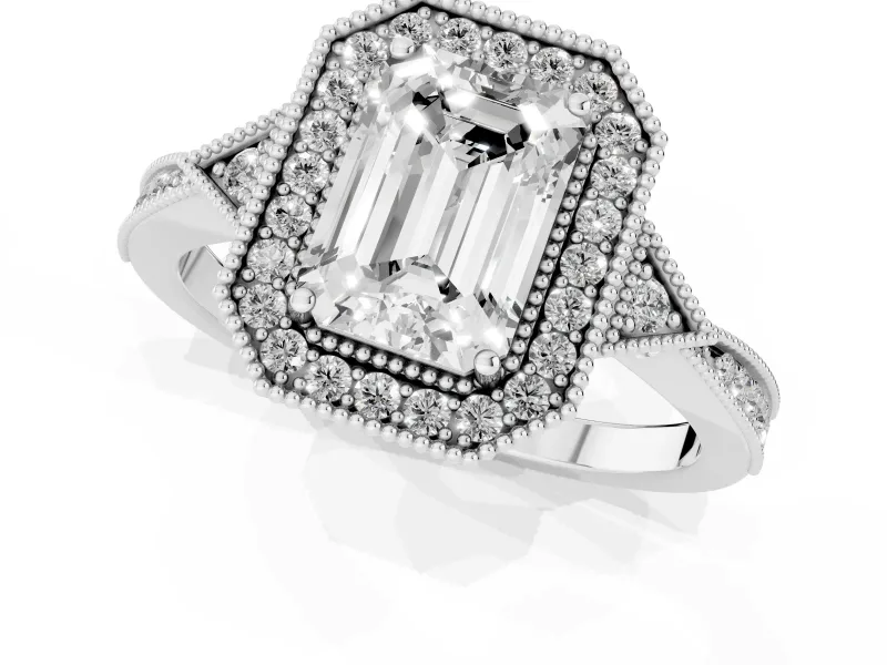 Emerald Cut Vintage Milgrain Halo Engagement Ring Setting | Graduated Pavé Band | Platinum
