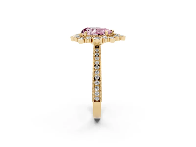 Fancy Pink Pear Cut Diamond Halo Milgrain Pavé Ring Set in Yellow gold with Prong Setting