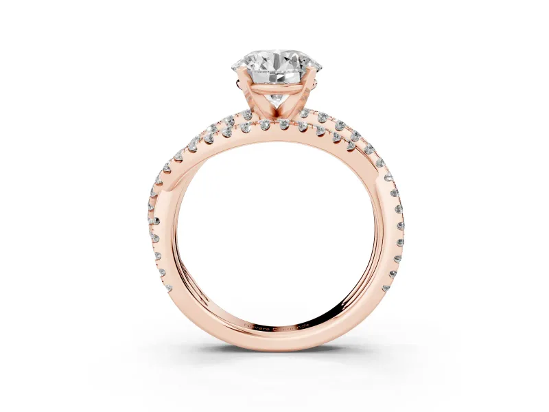 Round Cut Diamond Solitaire Twist Band Ring Set in Rose gold with Pavé Setting and Prong Head