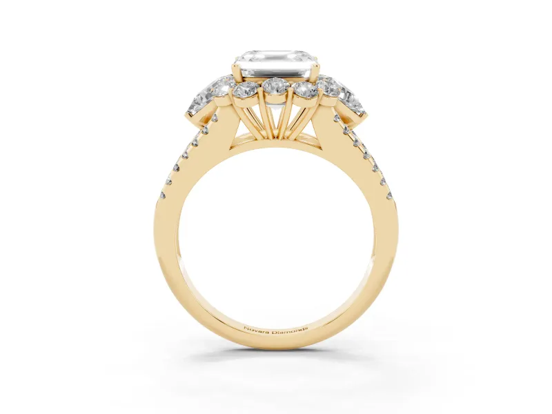 Asscher Cut Scalloped Halo Engagement Ring Setting | Pear Side Stones | Yellow Gold