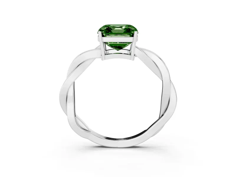 Fancy Green Asscher Cut Diamond Solitaire Twisted Pavé Ring Set in Platinum with Prong Setting