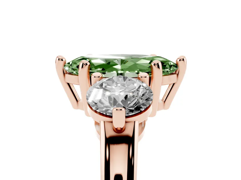 Fancy Green Marquise Cut Diamond Three-Stone Ring Set in Rose gold with Prong Setting and Classic Band