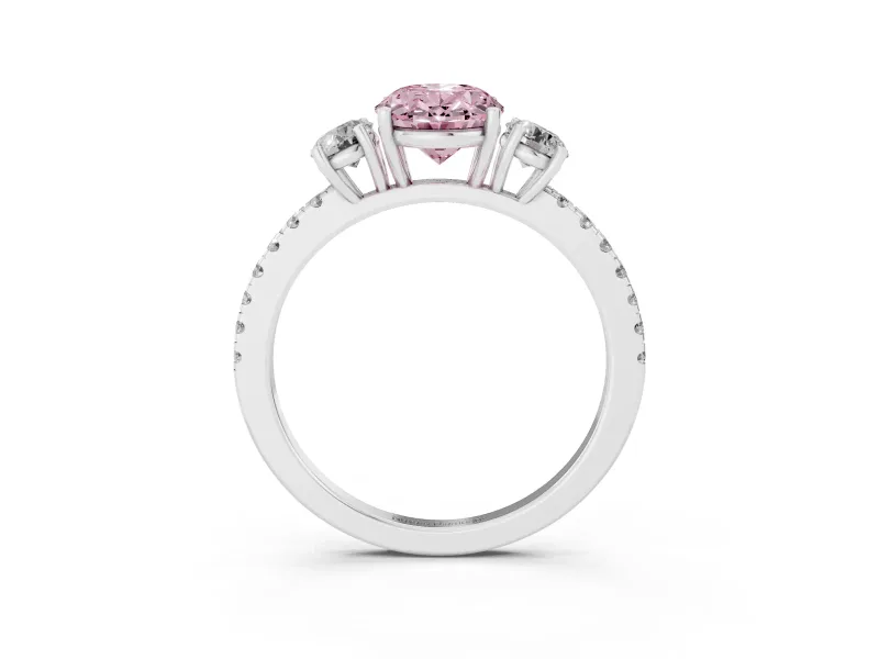 Fancy Pink Oval Cut Diamond Three-Stone Ring Set in Platinum with Pavé Band and Graduated Sides