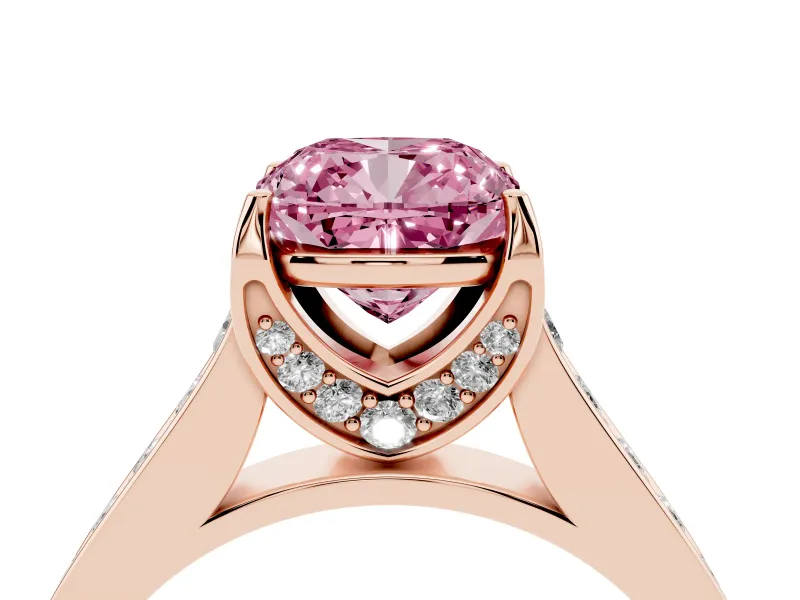Cushion Cut Graduated Pavé Engagement Ring Setting for a Fancy Pink Lab-Grown Diamond | Rose Gold