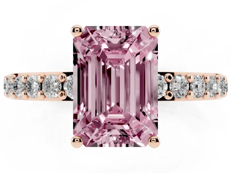 Fancy Pink Emerald Cut Diamond Solitaire Set in Rose gold with Round Pavé Band and Prong Setting