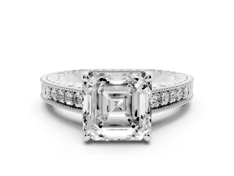 Asscher Cut Diamond Solitaire Pavé Milgrain Engagement Ring Set in White gold with Prong Setting