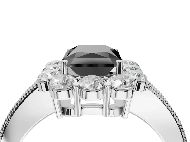 Fancy Black Radiant Cut Lab-Grown Diamond Halo Pavé Engagement Ring Set in Platinum with Milgrain Detailing