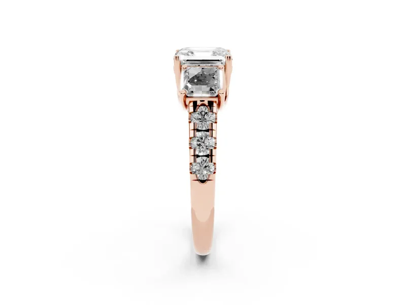 Asscher Cut Three Stone Engagement Ring Setting | Accented Shoulders | Rose Gold