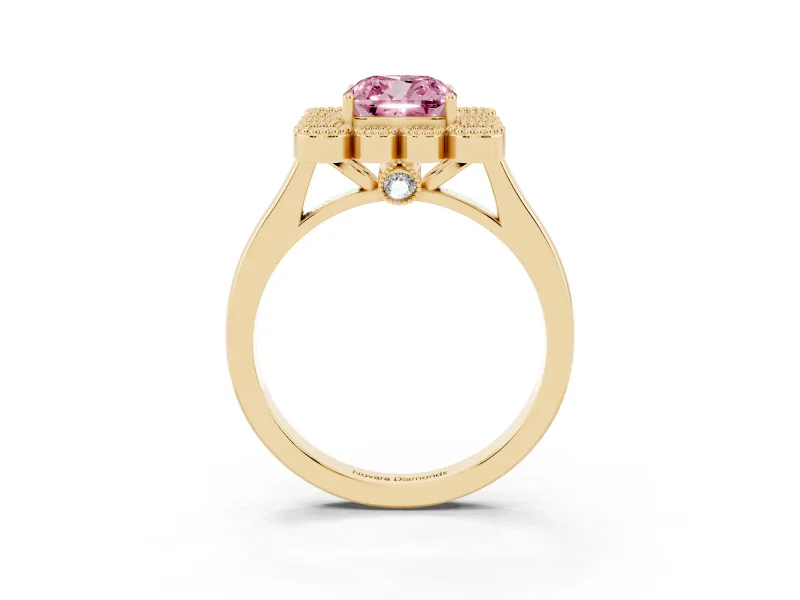 Cushion Cut Milgrain Cluster Halo Engagement Ring Setting for a Fancy Pink Lab-Grown Diamond | Plain Band | Yellow Gold