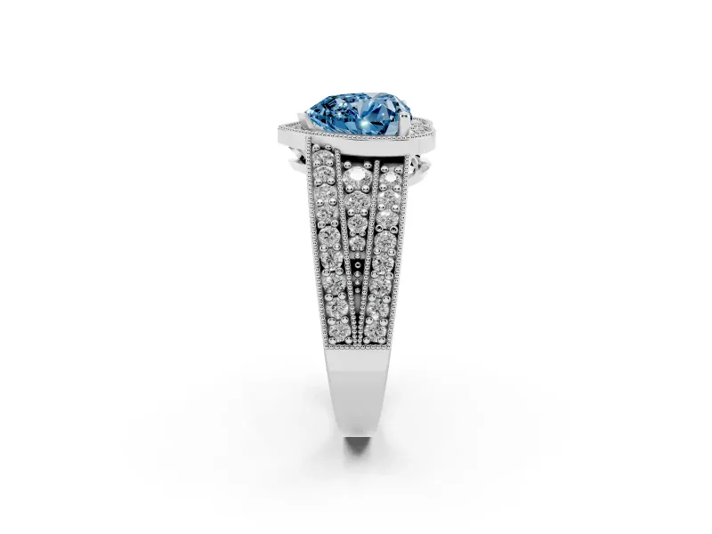 Fancy Blue Heart Cut Diamond Halo Ring Set in White gold with Accent Split Shank and Prong Setting