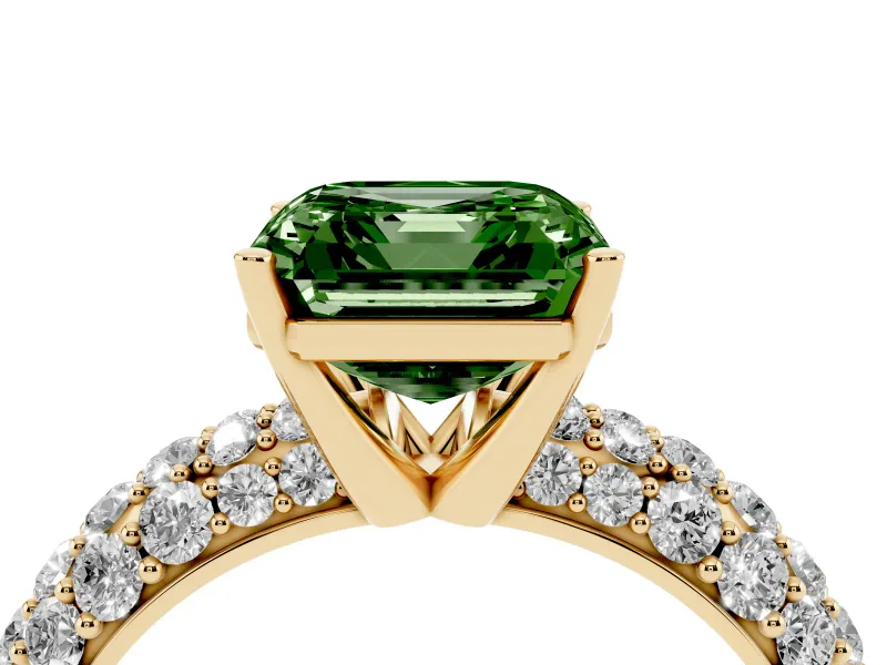 Asscher Cut Multi Row Pave Engagement Ring Setting for a Fancy Green Lab-Grown Diamond | Yellow Gold
