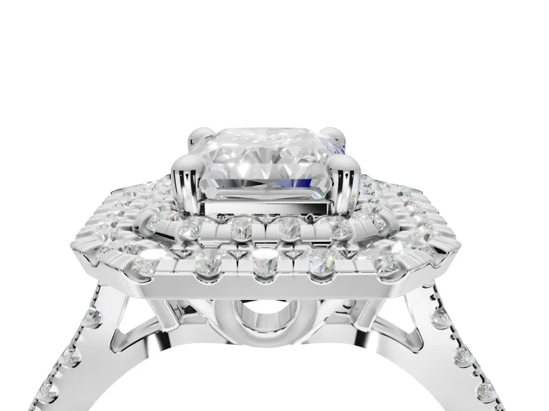 Radiant Cut Lab-Grown Diamond Double Halo Statement Ring Set in Sterling Silver with Pavé Band