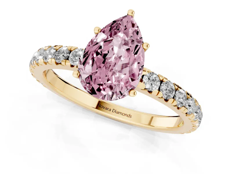 Pear-Shaped Pave Solitaire Engagement Ring Setting for a Fancy Pink Lab-Grown Diamond | Shared Prong Band | Yellow Gold