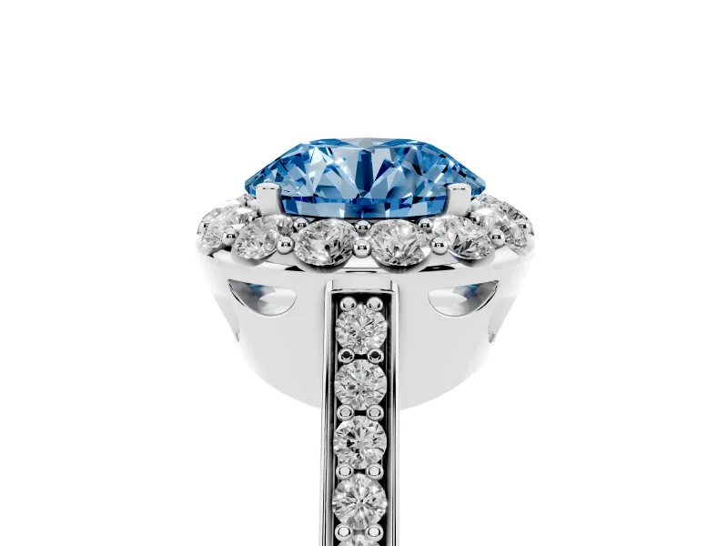 Fancy Blue Round Cut Diamond Floral Halo Ring Set in Platinum with Pavé Band and Prong Setting