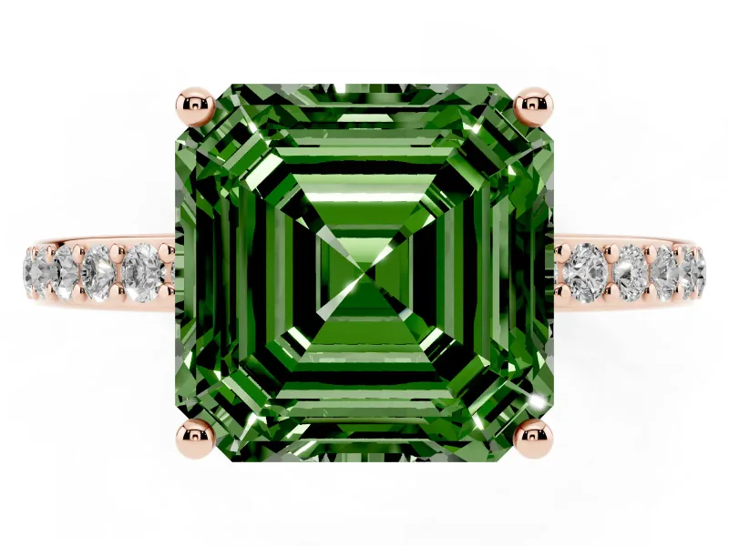Fancy Green Asscher Cut Diamond Pavé Band Ring Set in Rose gold with Prong-Set Center Stone