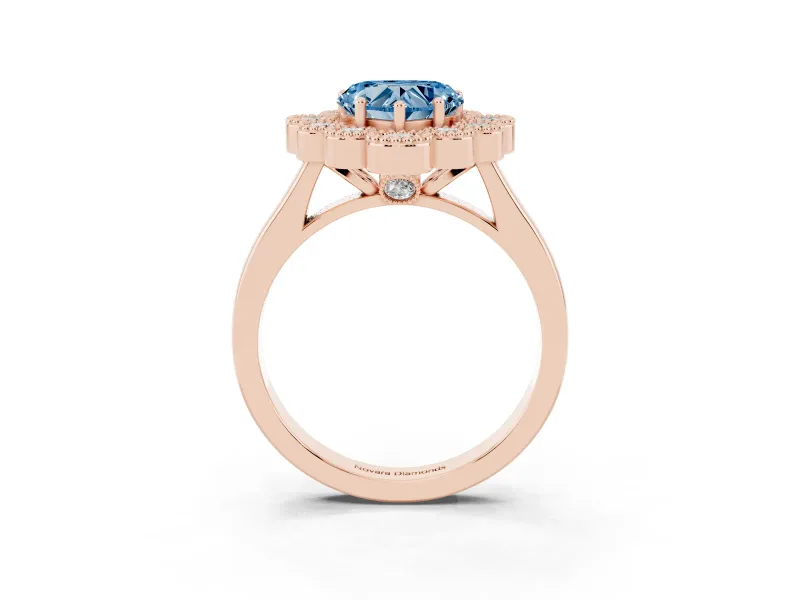 Heart-Shaped Milgrain Cluster Halo Engagement Ring Setting for a Fancy Blue Lab-Grown Diamond | Plain Band | Rose Gold