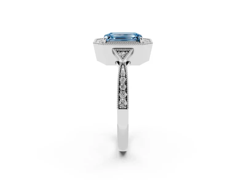 Fancy Blue Emerald Cut Diamond Halo Engagement Ring Set in Platinum with Milgrain Pavé Band