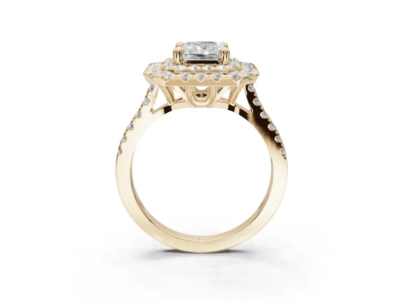 Radiant Cut Lab-Grown Diamond Double Halo Statement Ring Set in Yellow Gold with Pavé Band