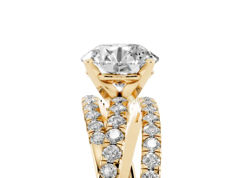Round Cut Diamond Solitaire Twist Band Ring Set in Yellow gold with Pavé Setting and Prong Head