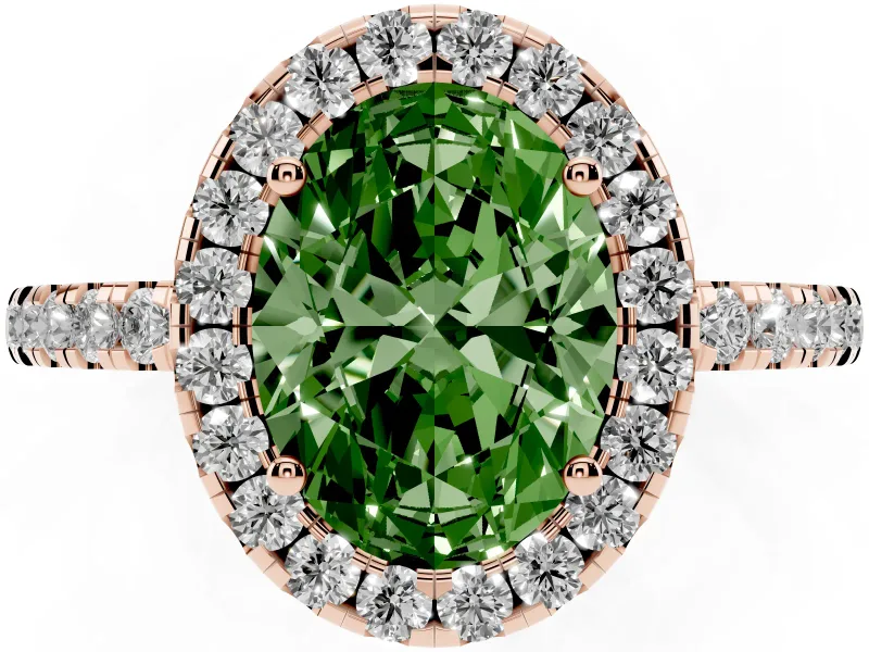 Fancy Green Oval Cut Diamond Pavé Band Halo Engagement Ring Set in Rose gold with Prong Setting