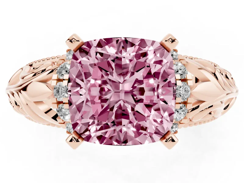 Fancy Pink Cushion Cut Diamond Filigree Halo Engagement Ring Set in Rose gold with Prong Setting