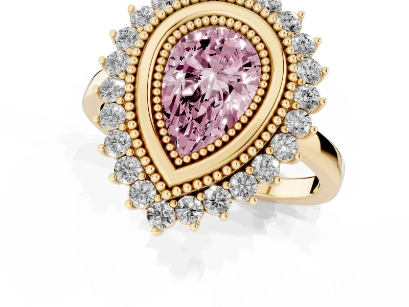 Fancy Pink Pear Cut Diamond Halo Ring Set in Yellow gold with Milgrain Edge and Round Prong Setting