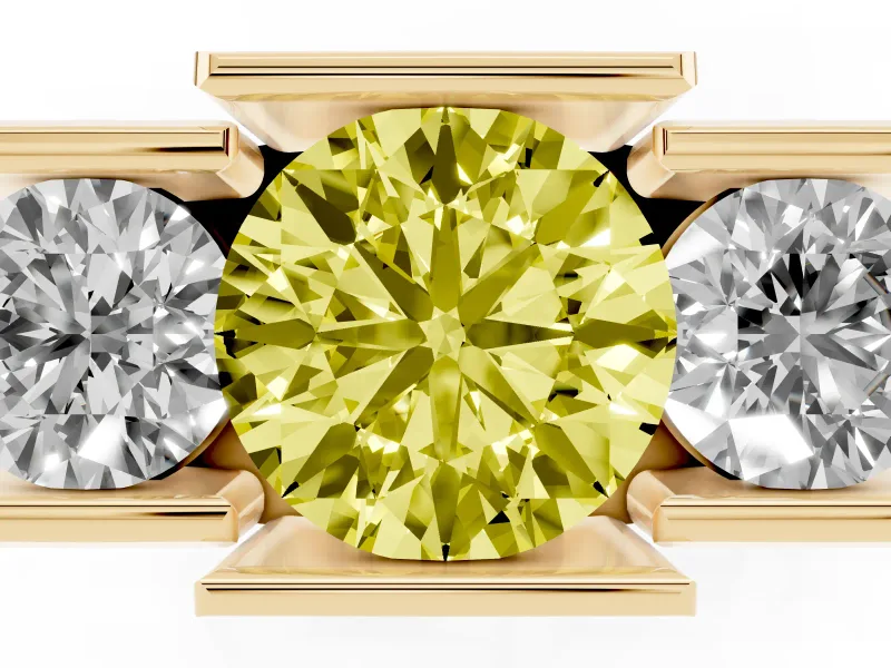 Round Channel-Set Three Stone Engagement Ring Setting for a Fancy Yellow Lab-Grown Diamond | Yellow Gold