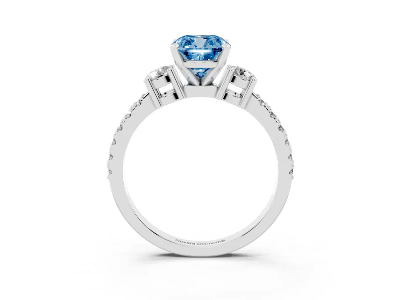 Fancy Blue Three-Stone Cushion Cut Diamond Pavé Band Ring Set in White gold with Prong Setting