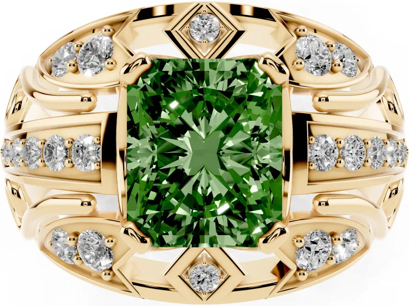 Radiant Cut Art Deco Engagement Ring Setting for a Fancy Green Lab-Grown Diamond | Yellow Gold