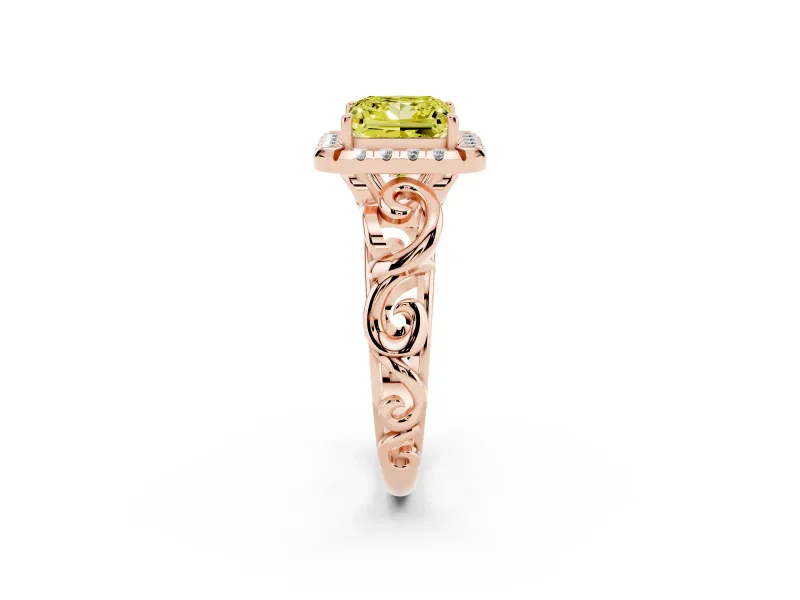 Fancy Yellow Princess Cut Diamond Halo Ring Set in Rose gold with Scrollwork Band and Prong Setting