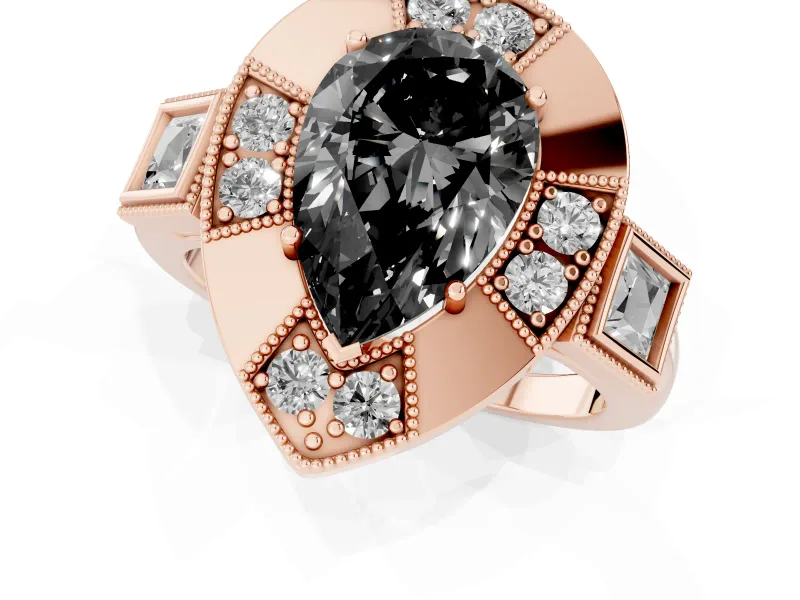 Fancy Black Pear Cut Diamond Milgrain Halo Ring Set in Rose gold with Split Shank