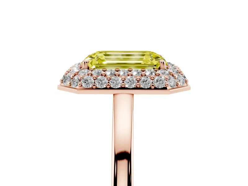 Emerald Cut Pave Halo Engagement Ring Setting for a Fancy Yellow Lab-Grown Diamond | Slim Plain Band | Rose Gold