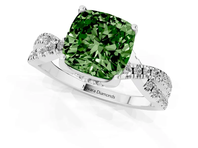 Cushion Cut Twisted Pave Engagement Ring Setting for a Fancy Green Lab-Grown Diamond | Split Shank | Sterling Silver