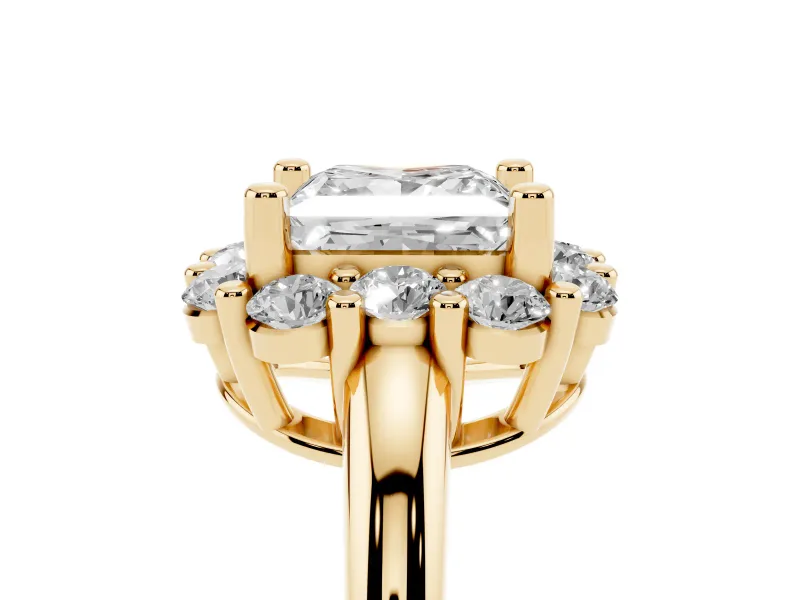 Princess Cut Cluster Halo Engagement Ring Setting | Large Round Accents | Yellow Gold