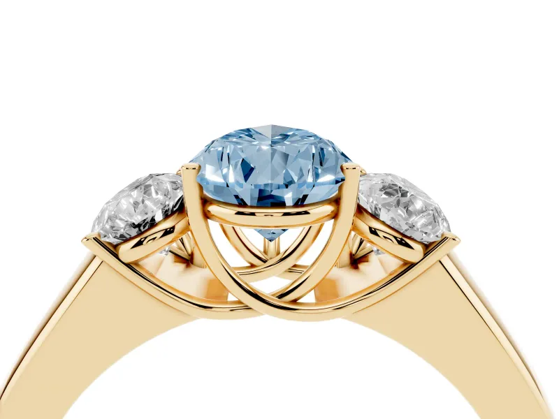 Fancy Blue Three-Stone Pear Cut Diamond Ring Set in Yellow gold with Matching Prong Settings and Plain Band